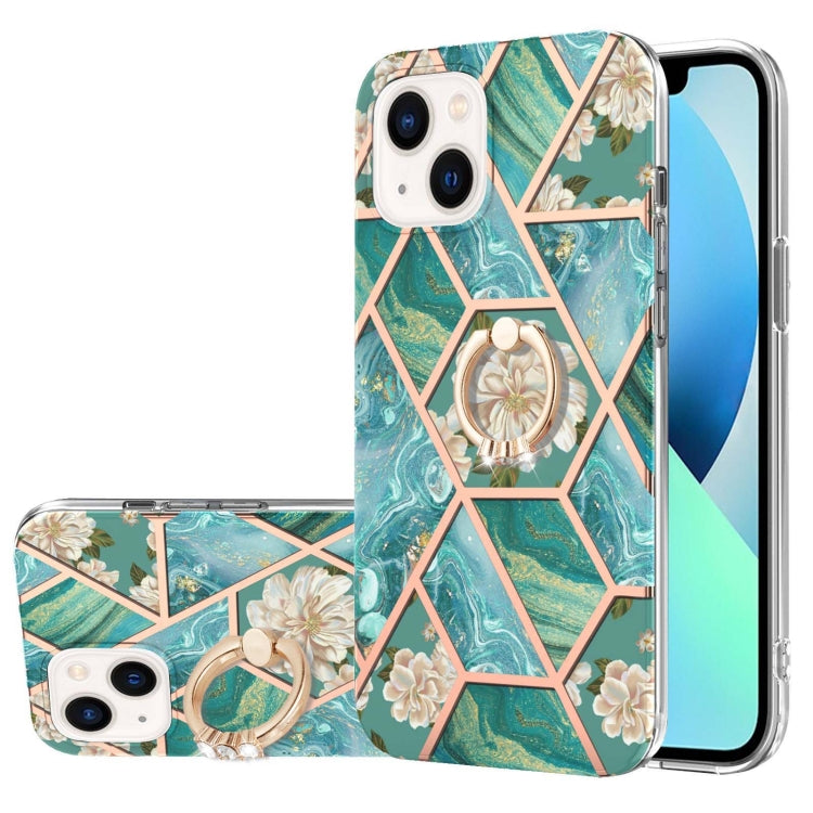 Custodia antiurto in TPU con motivo floreale in marmo con giunzione elettrolitica con supporto per anello di strass, For iPhone 14, For iPhone 14 Plus, For iPhone 14 Pro, For iPhone 14 Pro Max
