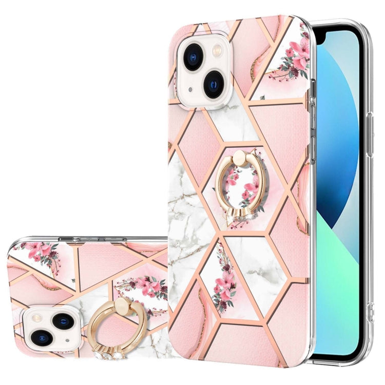 Custodia antiurto in TPU con motivo floreale in marmo con giunzione elettrolitica con supporto per anello di strass, For iPhone 14, For iPhone 14 Plus, For iPhone 14 Pro, For iPhone 14 Pro Max