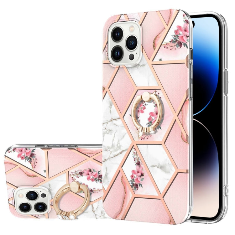 Custodia antiurto in TPU con motivo floreale in marmo con giunzione elettrolitica con supporto per anello di strass, For iPhone 14, For iPhone 14 Plus, For iPhone 14 Pro, For iPhone 14 Pro Max