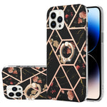 Custodia antiurto in TPU con motivo floreale in marmo con giunzione elettrolitica con supporto per anello di strass, For iPhone 14, For iPhone 14 Plus, For iPhone 14 Pro, For iPhone 14 Pro Max