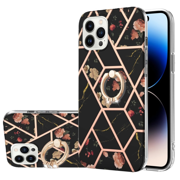 Custodia antiurto in TPU con motivo floreale in marmo con giunzione elettrolitica con supporto per anello di strass, For iPhone 14, For iPhone 14 Plus, For iPhone 14 Pro, For iPhone 14 Pro Max
