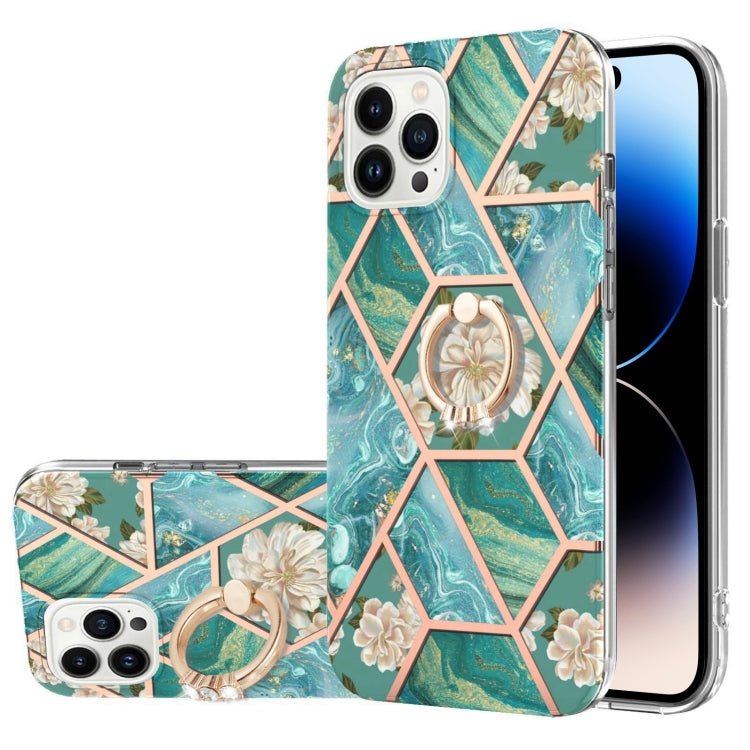 Custodia antiurto in TPU con motivo floreale in marmo con giunzione elettrolitica con supporto per anello di strass, For iPhone 14, For iPhone 14 Plus, For iPhone 14 Pro, For iPhone 14 Pro Max