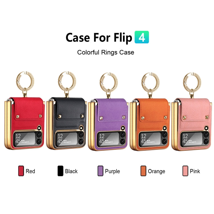 Custodia per telefono in pelle colorata + PC con anello, For Samsung Galaxy Z Flip4 5G, For Samsung Galaxy Z Flip3 5G