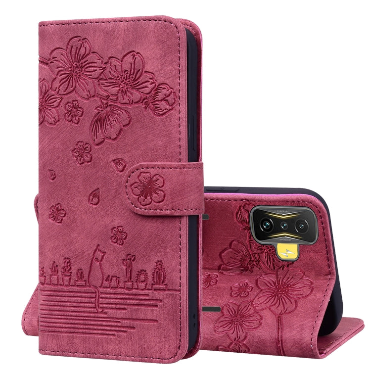 Custodia per telefono in pelle goffrata con gatto Sakura Cartoon, For Xiaomi Poco F4 GT, For Xiaomi Poco M3 / Redmi 9T Global, For Xiaomi Poco X3 / X3 NFC, For Xiaomi Redmi K40 / K40 Pro