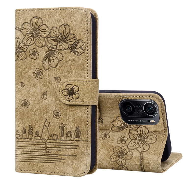 Custodia per telefono in pelle goffrata con gatto Sakura Cartoon, For Xiaomi Poco F4 GT, For Xiaomi Poco M3 / Redmi 9T Global, For Xiaomi Poco X3 / X3 NFC, For Xiaomi Redmi K40 / K40 Pro