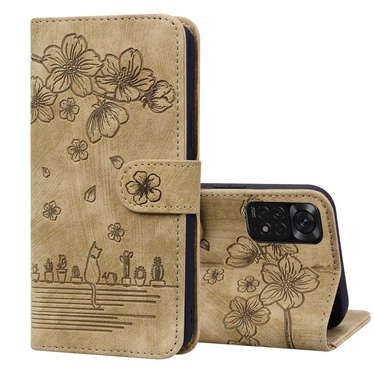 Custodia per telefono in pelle goffrata con gatto Sakura Cartoon, For Xiaomi Redmi Note 11 Pro 4G / 5G, For Xiaomi Poco M4 Pro 4G Global, For Xiaomi Poco M4 Pro 5G Global, For Xiaomi Mi 11 Lite 4G / 5G