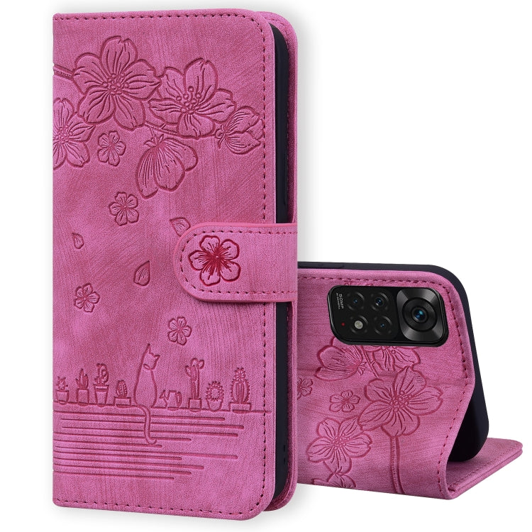 Custodia per telefono in pelle goffrata con gatto Sakura Cartoon, For Xiaomi Redmi Note 11 Pro 4G / 5G, For Xiaomi Poco M4 Pro 4G Global, For Xiaomi Poco M4 Pro 5G Global, For Xiaomi Mi 11 Lite 4G / 5G