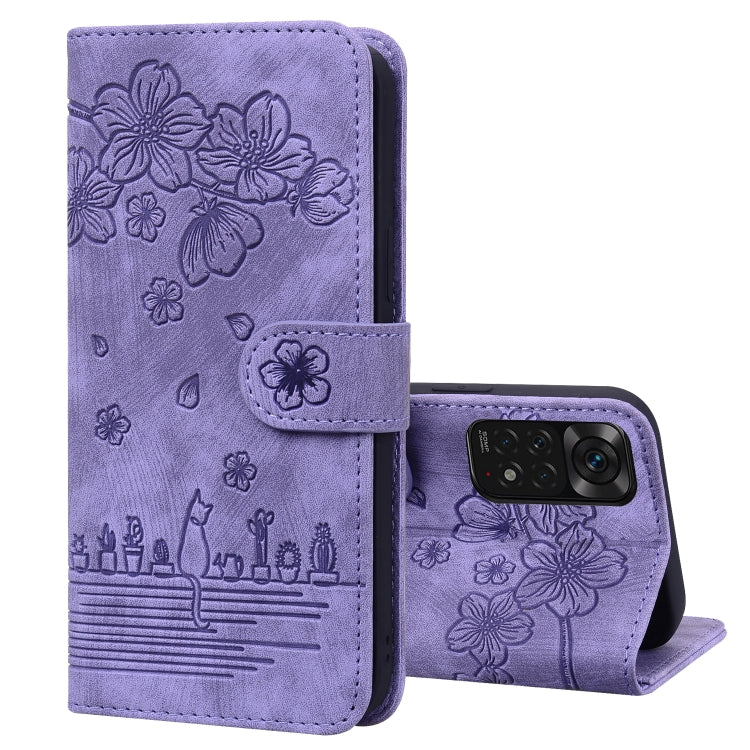 Custodia per telefono in pelle goffrata con gatto Sakura Cartoon, For Xiaomi Redmi Note 11 Pro 4G / 5G, For Xiaomi Poco M4 Pro 4G Global, For Xiaomi Poco M4 Pro 5G Global, For Xiaomi Mi 11 Lite 4G / 5G