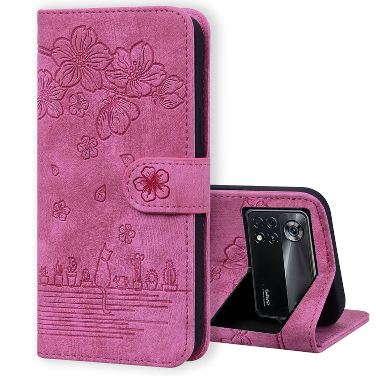 Custodia per telefono in pelle goffrata con gatto Sakura Cartoon, For Xiaomi Redmi Note 11 Pro 4G / 5G, For Xiaomi Poco M4 Pro 4G Global, For Xiaomi Poco M4 Pro 5G Global, For Xiaomi Mi 11 Lite 4G / 5G