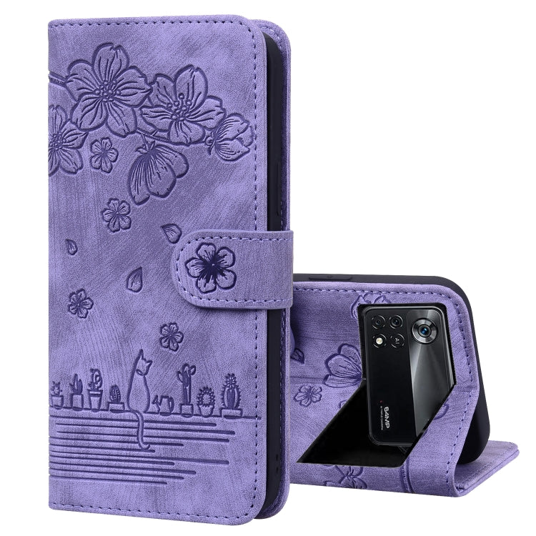 Custodia per telefono in pelle goffrata con gatto Sakura Cartoon, For Xiaomi Redmi Note 11 Pro 4G / 5G, For Xiaomi Poco M4 Pro 4G Global, For Xiaomi Poco M4 Pro 5G Global, For Xiaomi Mi 11 Lite 4G / 5G