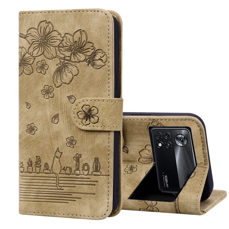 Custodia per telefono in pelle goffrata con gatto Sakura Cartoon, For Xiaomi Redmi Note 11 Pro 4G / 5G, For Xiaomi Poco M4 Pro 4G Global, For Xiaomi Poco M4 Pro 5G Global, For Xiaomi Mi 11 Lite 4G / 5G