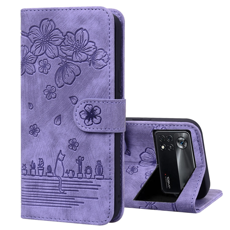 Custodia per telefono in pelle goffrata con gatto Sakura Cartoon, For Xiaomi Redmi Note 11 Pro 4G / 5G, For Xiaomi Poco M4 Pro 4G Global, For Xiaomi Poco M4 Pro 5G Global, For Xiaomi Mi 11 Lite 4G / 5G