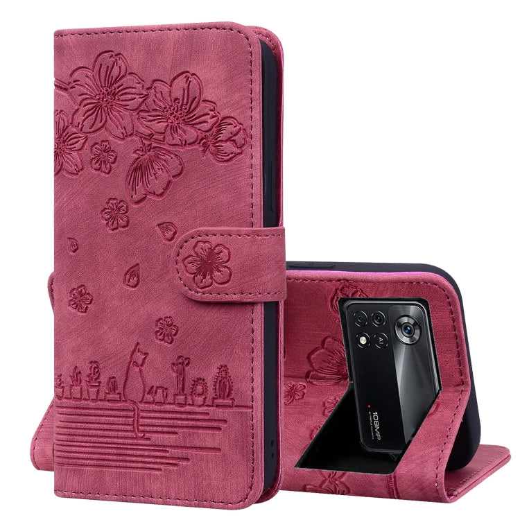 Custodia per telefono in pelle goffrata con gatto Sakura Cartoon, For Xiaomi Redmi Note 11 Pro 4G / 5G, For Xiaomi Poco M4 Pro 4G Global, For Xiaomi Poco M4 Pro 5G Global, For Xiaomi Mi 11 Lite 4G / 5G