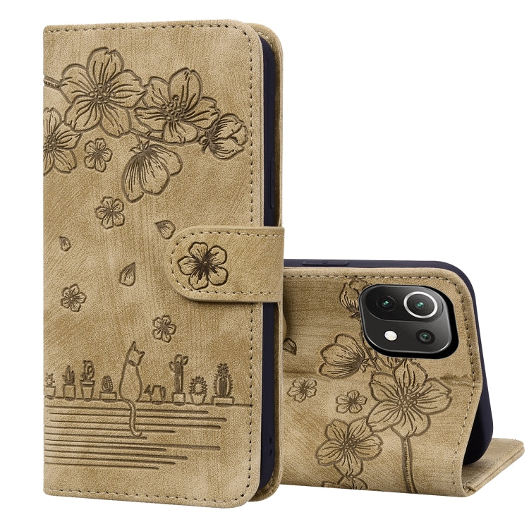 Custodia per telefono in pelle goffrata con gatto Sakura Cartoon, For Xiaomi Redmi Note 11 Pro 4G / 5G, For Xiaomi Poco M4 Pro 4G Global, For Xiaomi Poco M4 Pro 5G Global, For Xiaomi Mi 11 Lite 4G / 5G