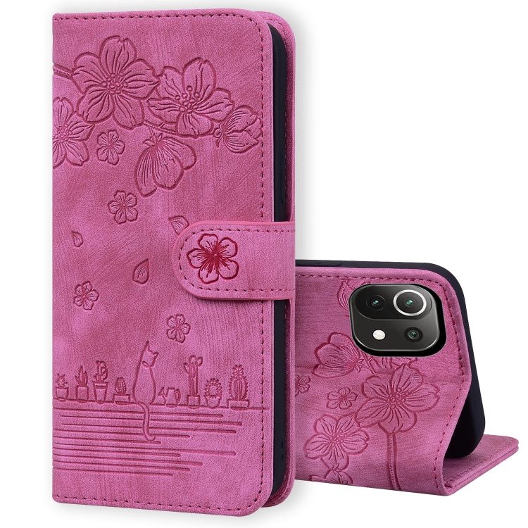 Custodia per telefono in pelle goffrata con gatto Sakura Cartoon, For Xiaomi Redmi Note 11 Pro 4G / 5G, For Xiaomi Poco M4 Pro 4G Global, For Xiaomi Poco M4 Pro 5G Global, For Xiaomi Mi 11 Lite 4G / 5G