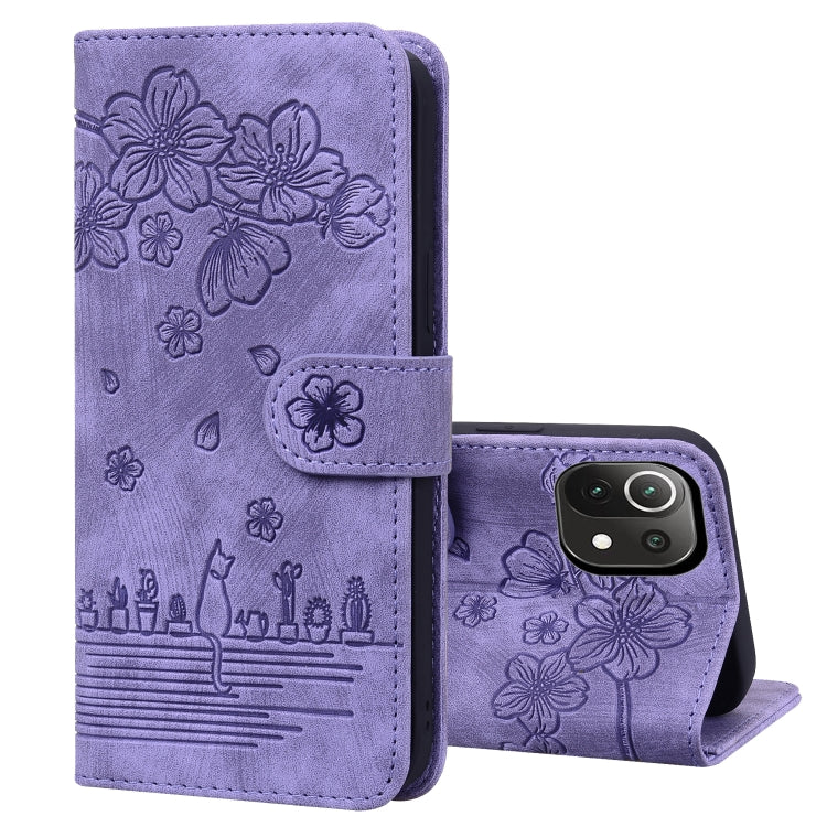 Custodia per telefono in pelle goffrata con gatto Sakura Cartoon, For Xiaomi Redmi Note 11 Pro 4G / 5G, For Xiaomi Poco M4 Pro 4G Global, For Xiaomi Poco M4 Pro 5G Global, For Xiaomi Mi 11 Lite 4G / 5G