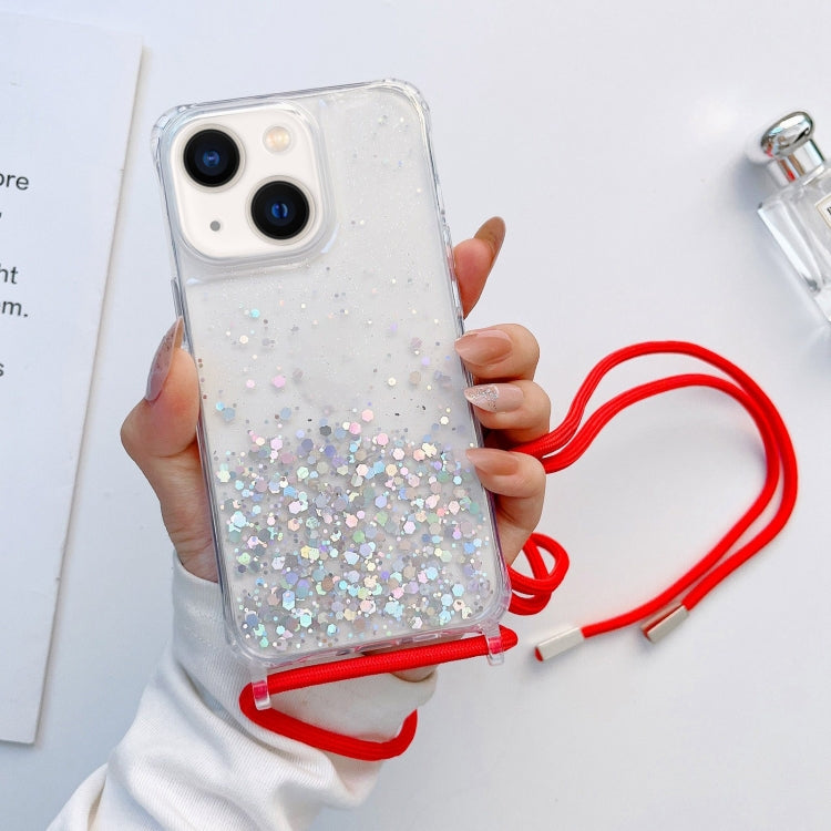 Custodia per telefono trasparente epossidica glitterata con cordino, For iPhone 14, For iPhone 14 Plus, For iPhone 14 Pro