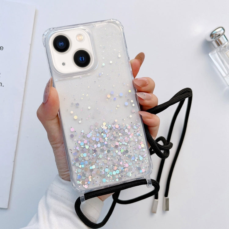 Custodia per telefono trasparente epossidica glitterata con cordino, For iPhone 14, For iPhone 14 Plus, For iPhone 14 Pro