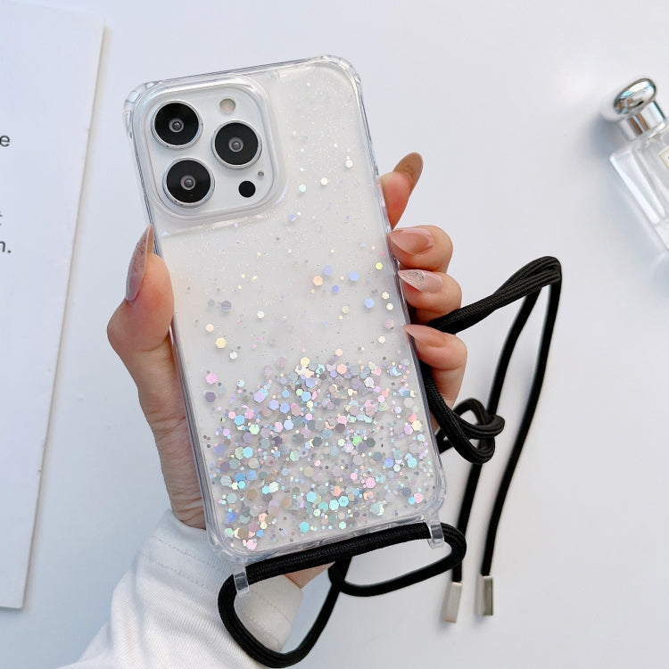 Custodia per telefono trasparente epossidica glitterata con cordino, For iPhone 12 / 12 Pro, For iPhone 12 Pro Max, For iPhone 11