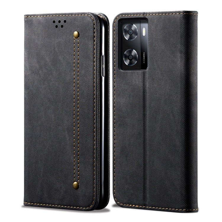 Custodia per cellulare in pelle a vibrazione orizzontale in stile casual con texture denim, For Realme V23 / Narzo 50 / Oppo A77 5G / A57 4G