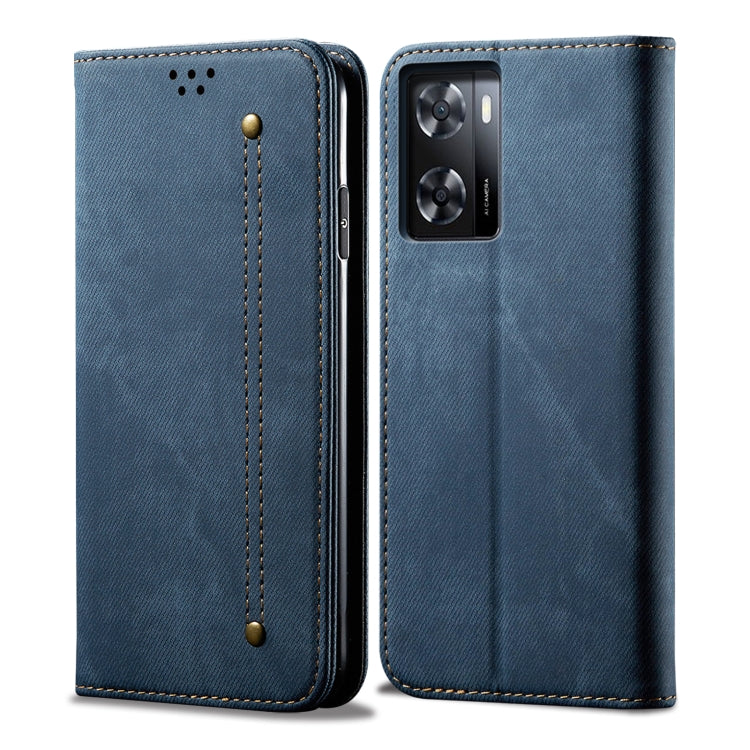 Custodia per cellulare in pelle a vibrazione orizzontale in stile casual con texture denim, For Realme V23 / Narzo 50 / Oppo A77 5G / A57 4G