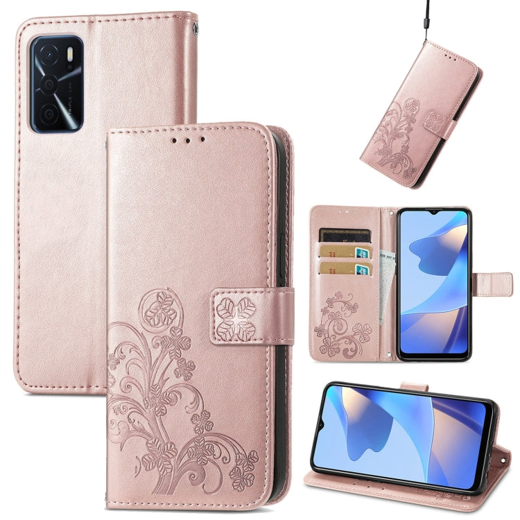 Custodia per telefono in pelle con fibbia in rilievo con chiusura a quattro foglie, For OPPO A16e