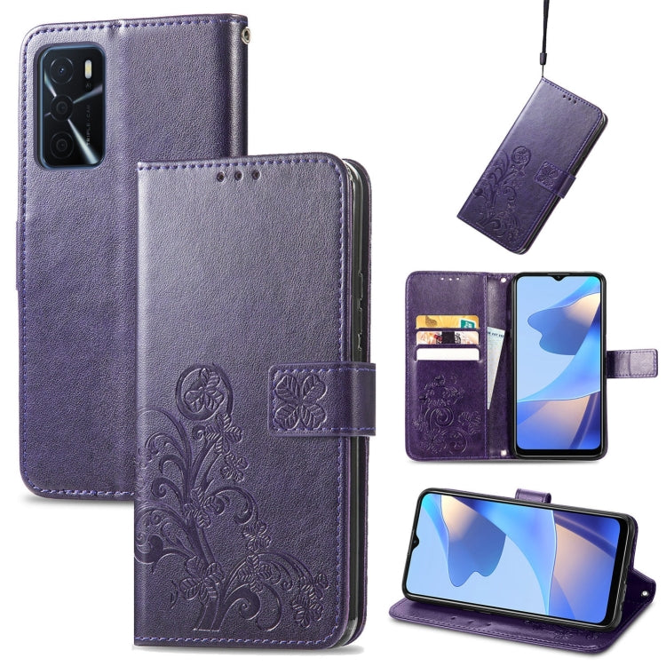 Custodia per telefono in pelle con fibbia in rilievo con chiusura a quattro foglie, For OPPO A16e