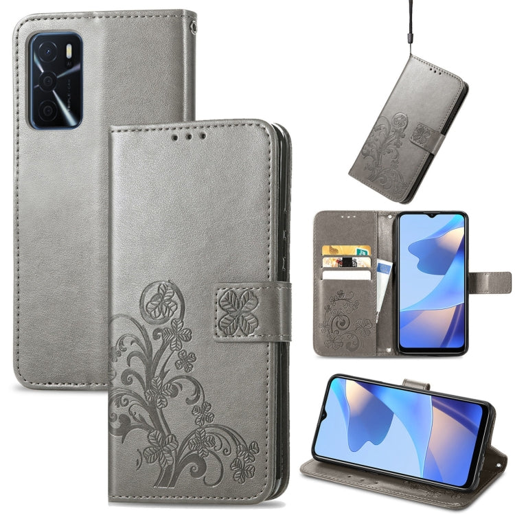 Custodia per telefono in pelle con fibbia in rilievo con chiusura a quattro foglie, For OPPO A16e