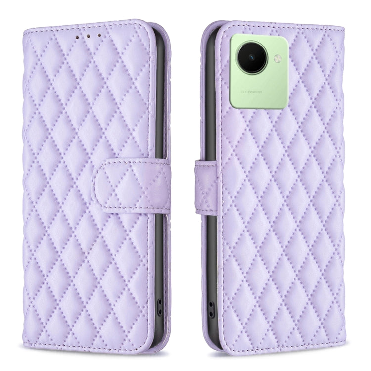 Custodia per telefono a conchiglia in pelle con portafoglio Diamond Lattice, For Realme C30