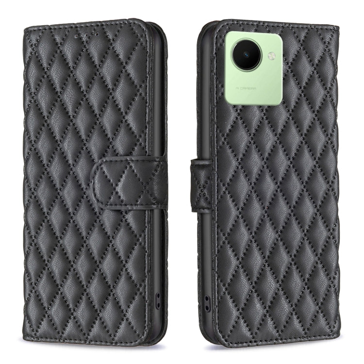 Custodia per telefono a conchiglia in pelle con portafoglio Diamond Lattice, For Realme C30