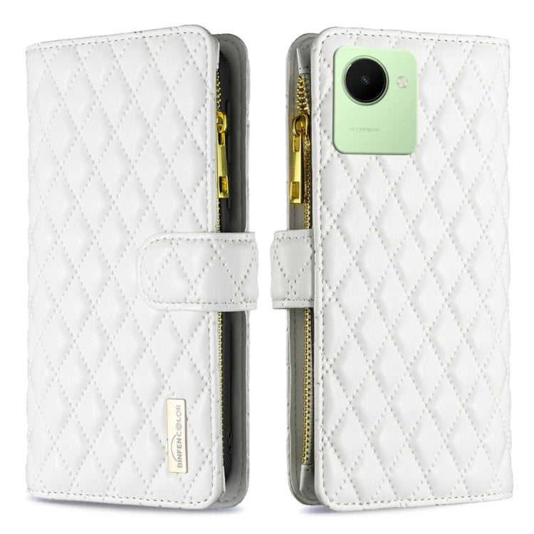Custodia per telefono a conchiglia in pelle con portafoglio con cerniera Diamond Lattice, For Realme C30
