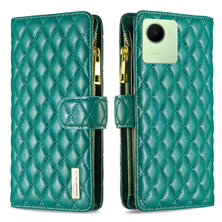 Custodia per telefono a conchiglia in pelle con portafoglio con cerniera Diamond Lattice, For Realme C30