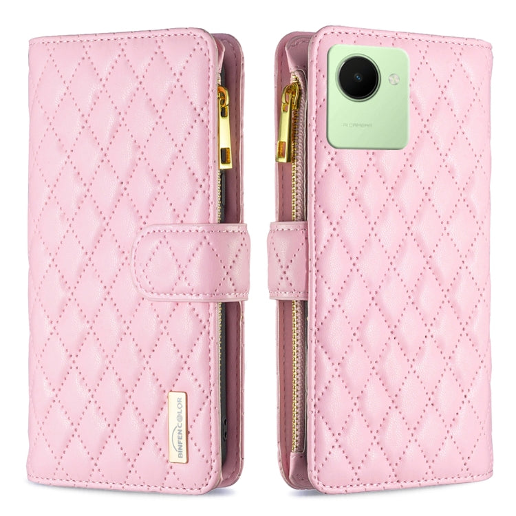 Custodia per telefono a conchiglia in pelle con portafoglio con cerniera Diamond Lattice, For Realme C30