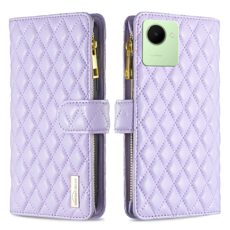 Custodia per telefono a conchiglia in pelle con portafoglio con cerniera Diamond Lattice, For Realme C30