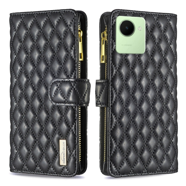 Custodia per telefono a conchiglia in pelle con portafoglio con cerniera Diamond Lattice, For Realme C30