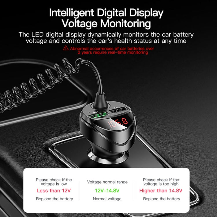 C68 LED Display Digitale QC3.0 Caricabatteria da Auto Veloce 3 in 1 con Cavo a Molla, C68 with Spring Cable, C68 (Silver)