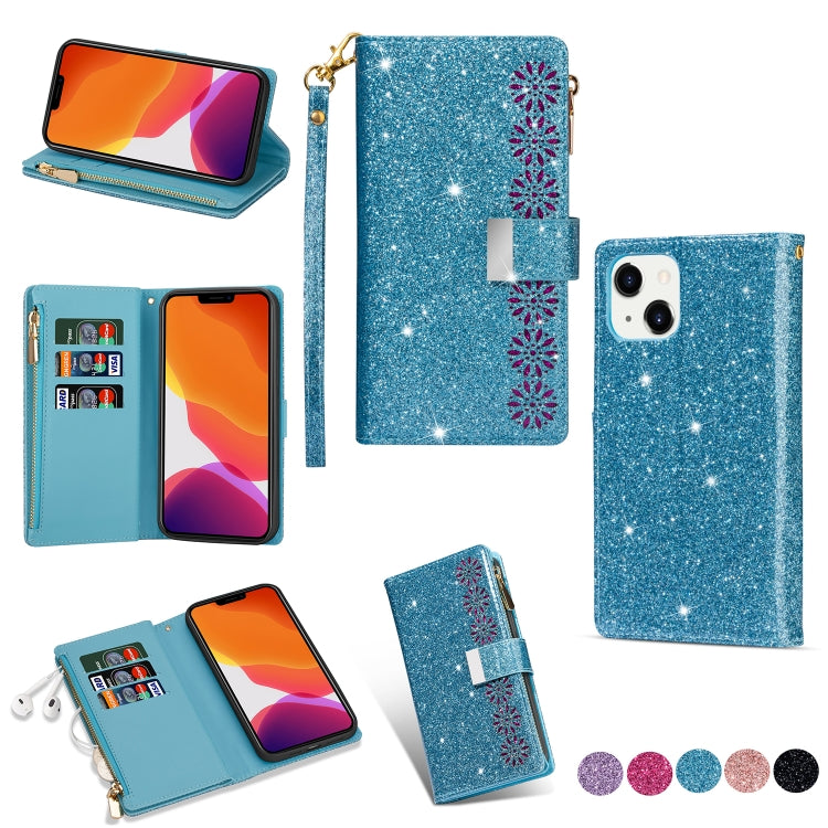 Custodia in pelle con cerniera glitterata con intaglio laser con slot per schede multiple, For iPhone 14, For iPhone 14 Max, For iPhone 14 Pro, For iPhone 14 Pro Max