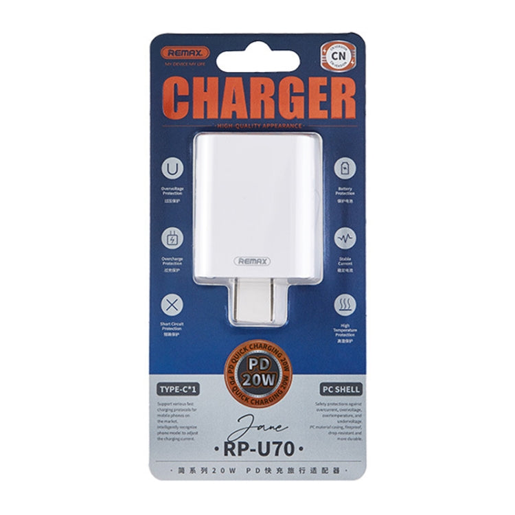 Caricabatterie rapido REMAX RP-U70 Jane Series 20W USB-C/Type-C PD, CN Plug, EU Plug, UK Plug, US Plug