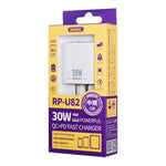 REMAX RP-U82 Caricabatterie rapido a doppia interfaccia USB+USB-C/Type-C da 30 W, CN Plug, EU Plug, UK Plug, US Plug