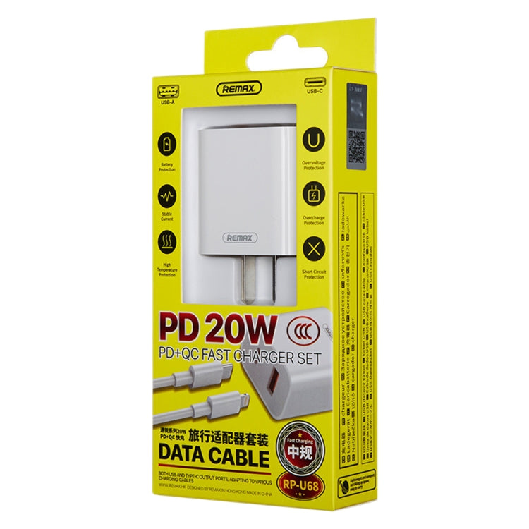 REMAX RP-U68 Set caricabatterie rapido a doppia interfaccia USB + USB-C/Type-C da 20 W, CN Plug, EU Plug, UK Plug, US Plug