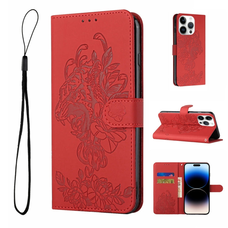 Custodia per telefono in pelle goffrata con fiore di tigre, For iPhone 14, For iPhone 14 Plus, For iPhone 14 Pro, For iPhone 14 Pro Max