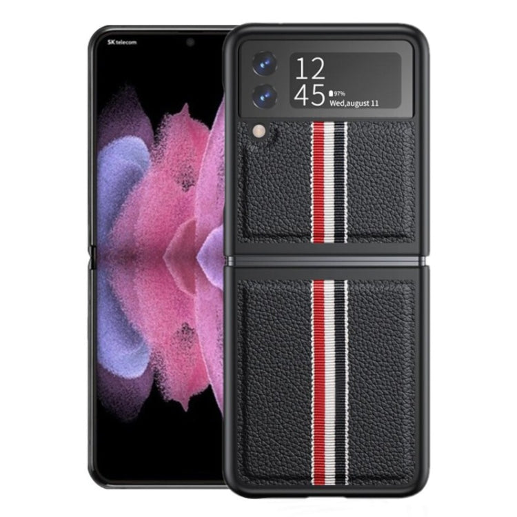 Custodia per telefono a strisce colorate in vera pelle Litchi Texture, For Samsung Galaxy Z Flip3 5G, For Samsung Galaxy Z Flip4