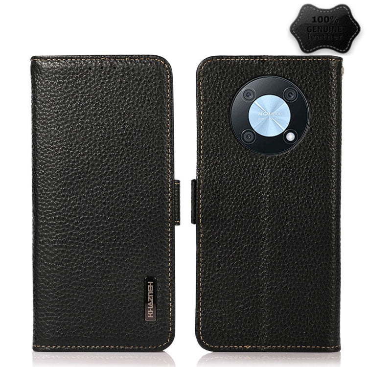 KHAZNEH Custodia per cellulare in vera pelle RFID con texture Litchi, For Huawei nova Y90 / Enjoy 50 Pro
