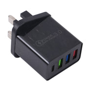 AR-2025 4 in 1 QC3.0 PD20W 3xUSB + Caricabatteria da viaggio USB-C / Type-C, spina UK, UK Plug(Black)