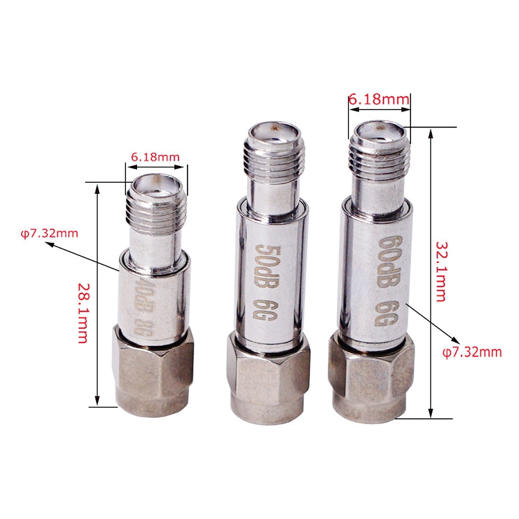 Attenuatore SMA DC-6GHz Connettori fissi coassiali SMA, 1dBi, 2dBi, 3dBi, 5dBi, 6dBi, 8dBi, 9dBi, 10dBi, 15dBi, 25dBi, 30dBi, 40dBi, 50dBi, 60dBi