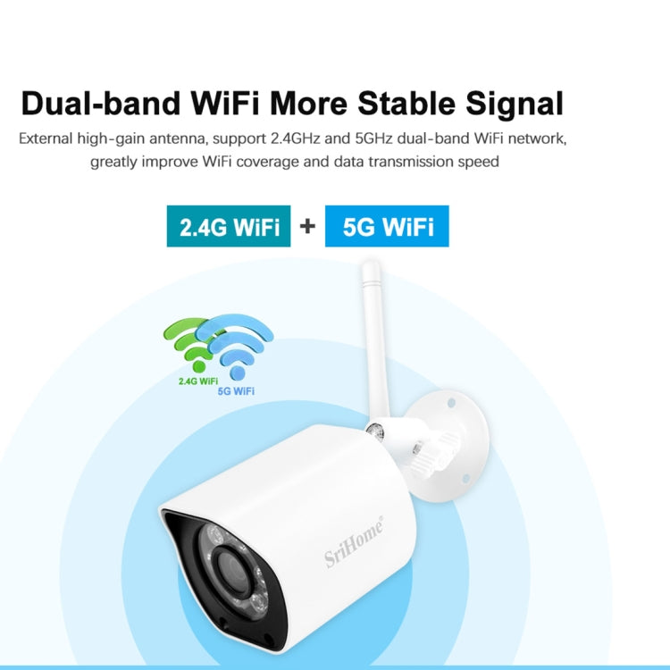 SriHome SH034 5.0MP Mini Dual 2.4 / 5G WiFi Esterna Impermeabile Video Sorveglianza Colore Visione Notturna Sicurezza CCTV Cam, US Plug, EU Plug, UK Plug, AU Plug