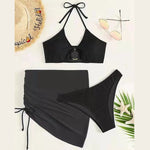 Set 3 in 1 Costume da bagno sexy da donna con bikini senza schienale e gonna corta, S, M, L, XL