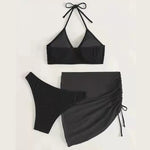 Set 3 in 1 Costume da bagno sexy da donna con bikini senza schienale e gonna corta, S, M, L, XL