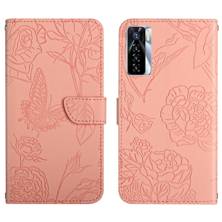 HT03 Cassa del telefono di cuoio di vibrazione impressa farfalla di sensibilità della pelle, For Tecno Camon 17 Pro, For Tecno Camon 17P, For Tecno Camon 18i, For Tecno Camon 18 P