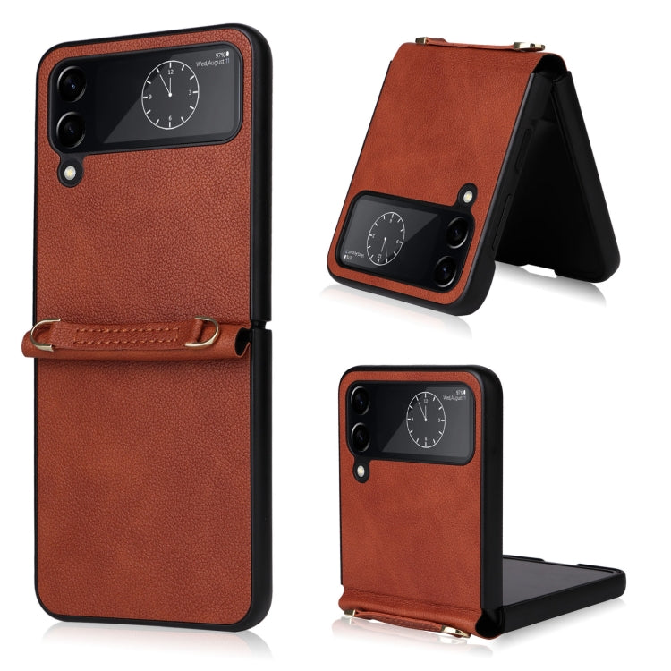 Custodia per telefono in pelle con trama in pelle di agnello con cordino, For Samsung Galaxy Z Flip4